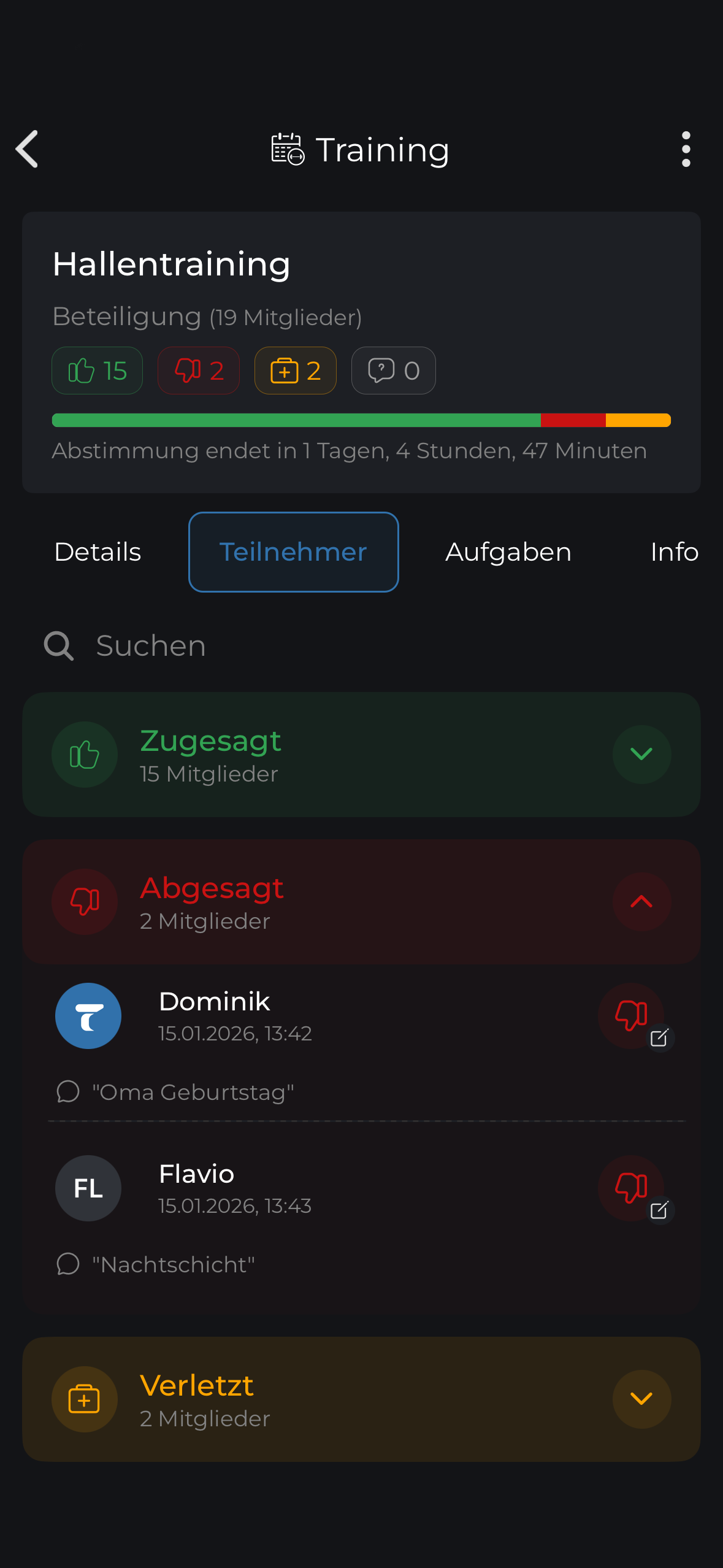 TeamCaptain Zu- und Absagen