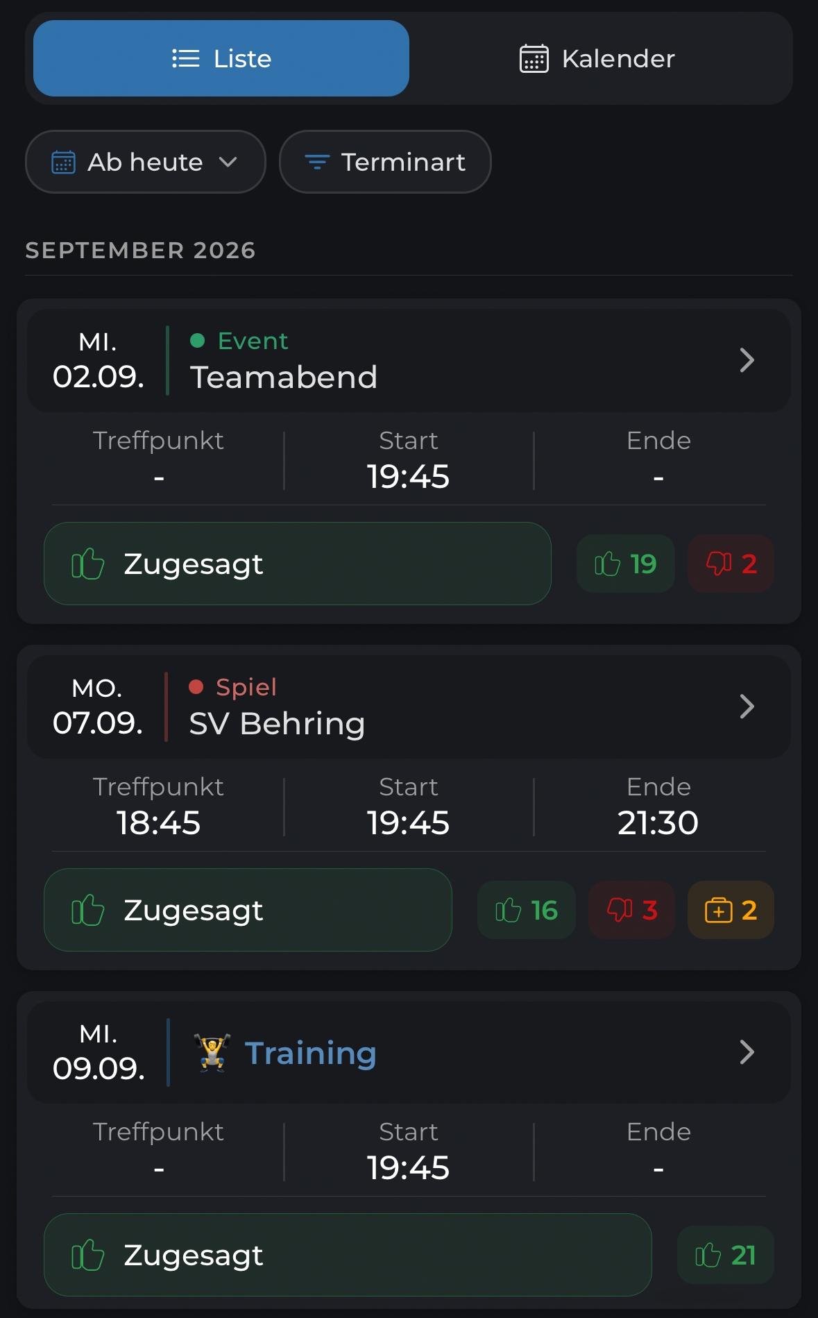 Terminliste in TeamCaptain mit Zusagen und verschiedenen Termintypen