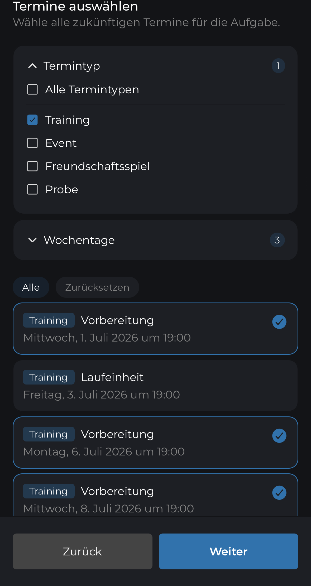Termine für den Aufgabenplaner auswählen