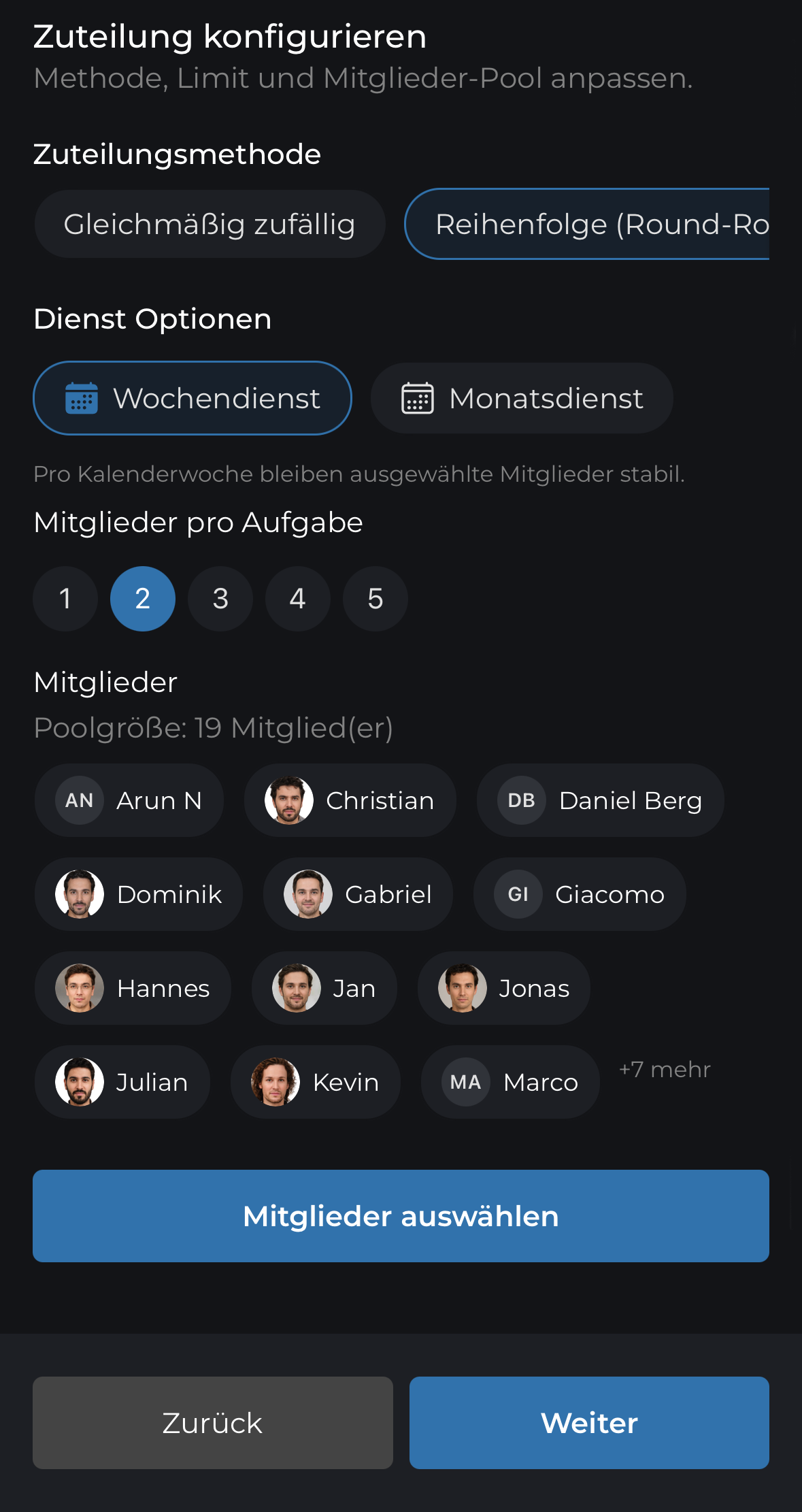 Mitglieder und Verteilmethode wählen