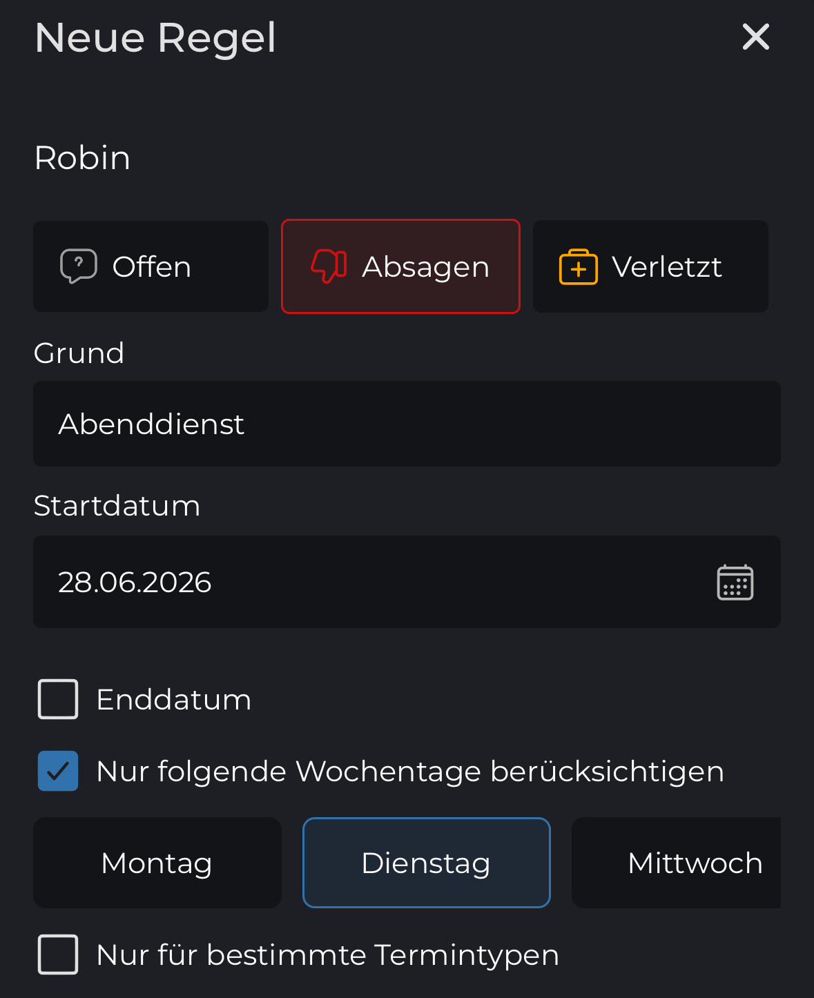 Neue wiederkehrende Abwesenheitsregel