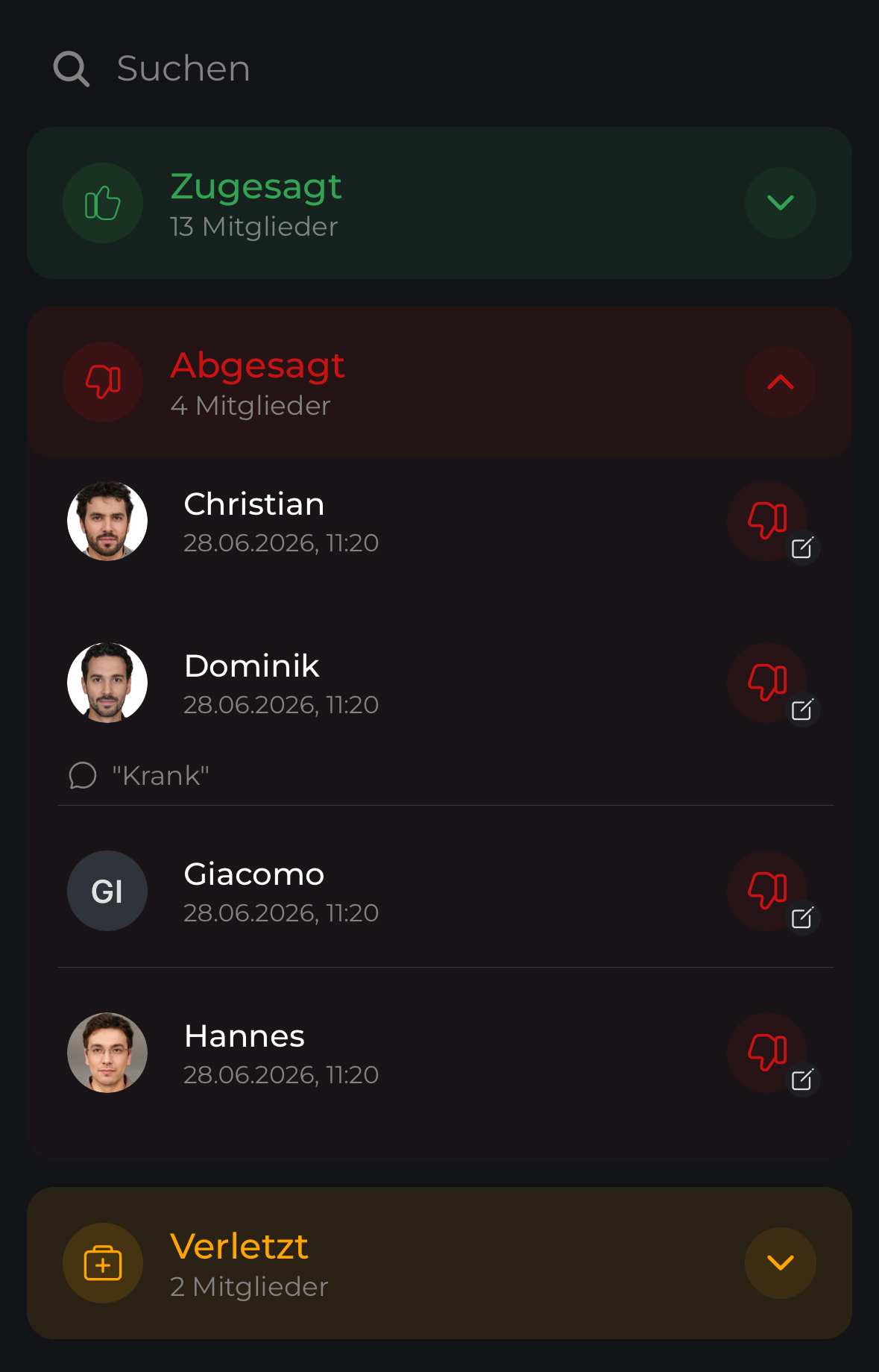 Teilnehmer nach Status gruppiert