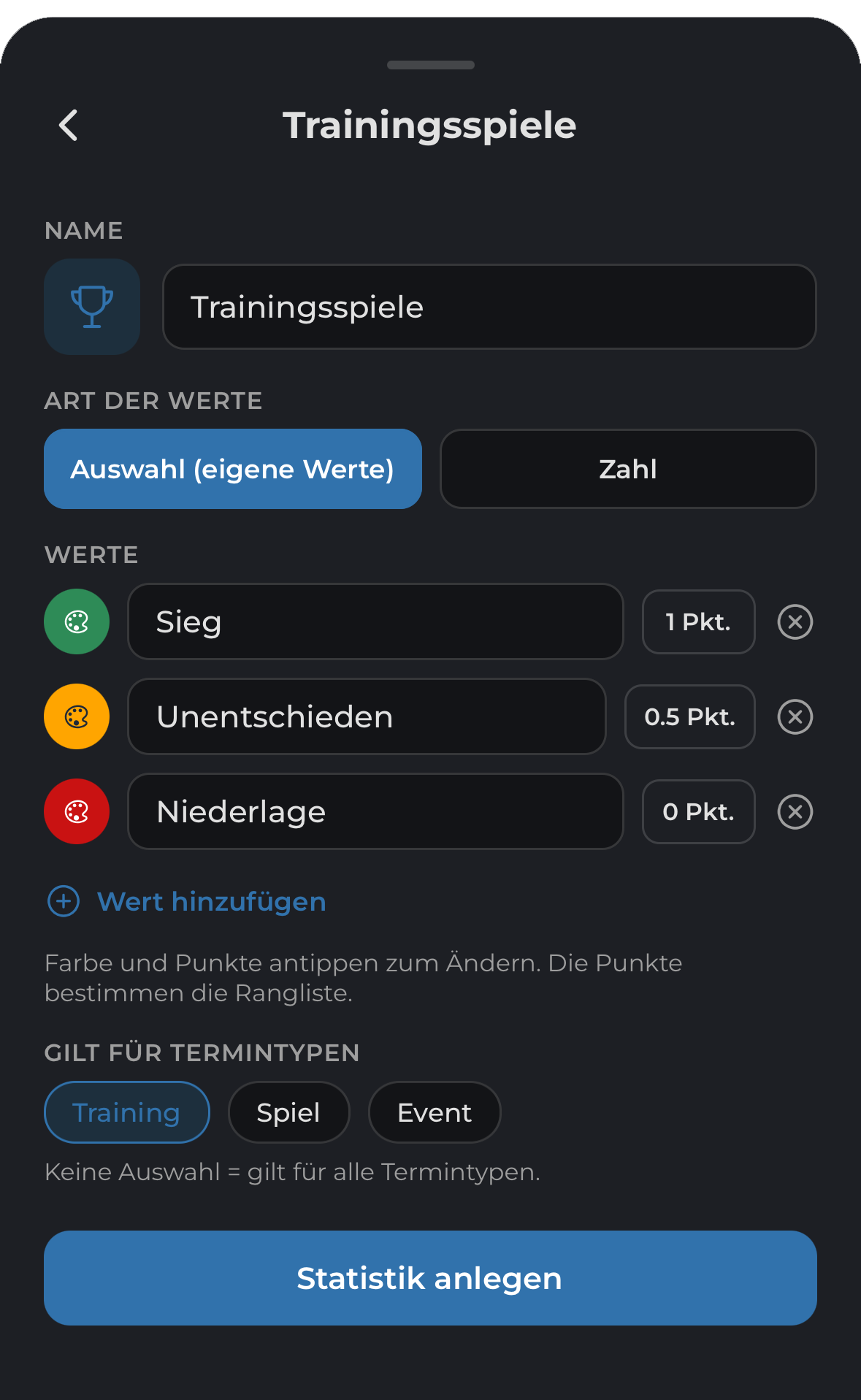 Trainingsspiele als eigene Statistik definieren