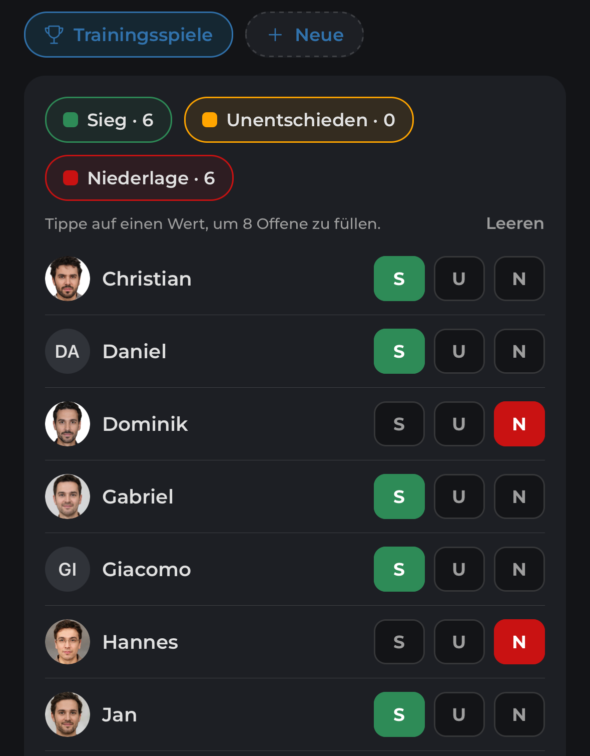 Ergebnisse der Trainingsspiele am Termin erfassen