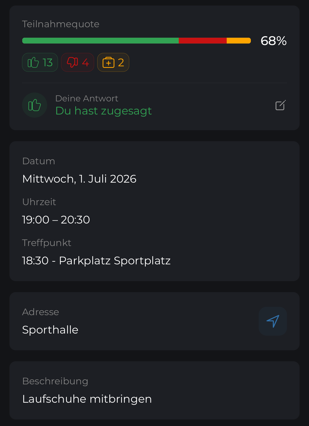 Vollständige Termindetails mit Teilnehmerquote, Datum und Treffpunkt